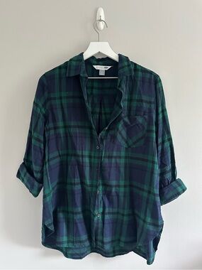Old Navy Navy Blue & Green Button Down Flannel Size L NWT